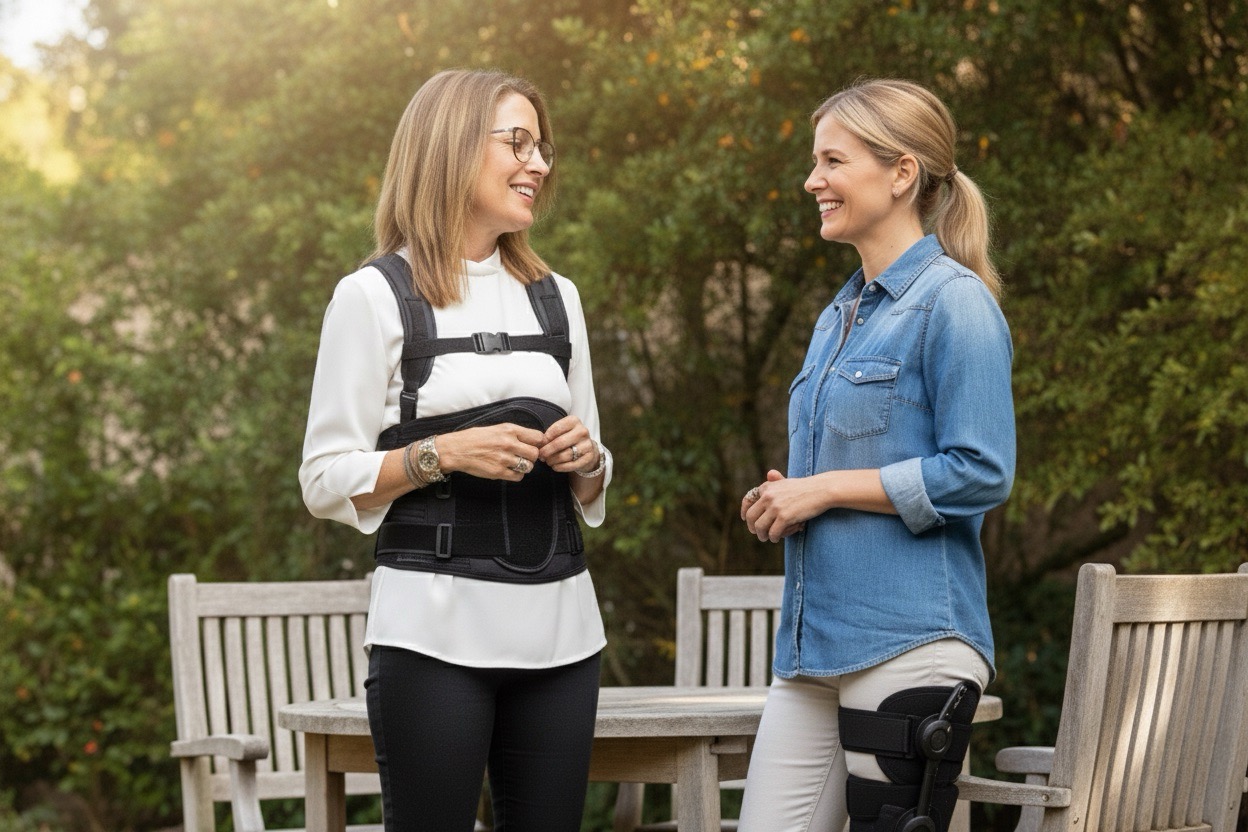 Two women wearing medical braces - LSO back brace and leg brace - discussing health and recovery